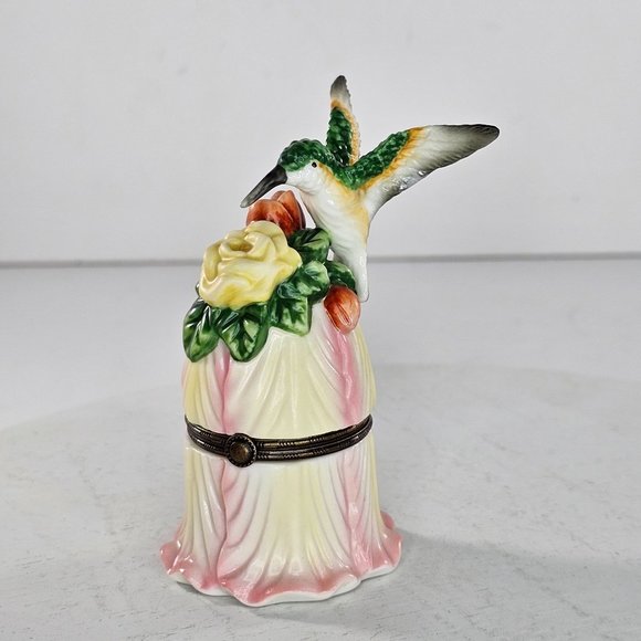 Vintage Hummingbird Trinket Box Flower Ceramic Pink Green Yellow - Picture 3 of 8